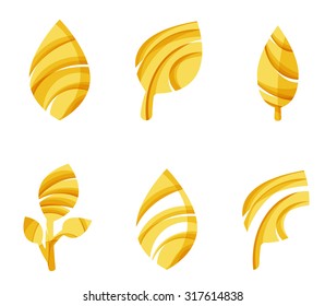Set of abstract eco leaf icons, business logotype nature concepts, clean modern geometric design. Created with transparent abstract wave lines