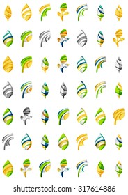 Set of abstract eco leaf icons, business logotype nature concepts, clean modern geometric design. Created with transparent abstract wave lines