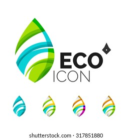 Set of abstract eco leaf icons, business logotype nature concepts, clean modern geometric design. Created with transparent abstract wave lines