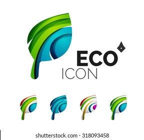 Conjunto de íconos ecológicos abstractos, conceptos de la naturaleza del logotipo empresarial, diseño geométrico moderno y limpio. Creado con líneas de onda abstractas transparentes