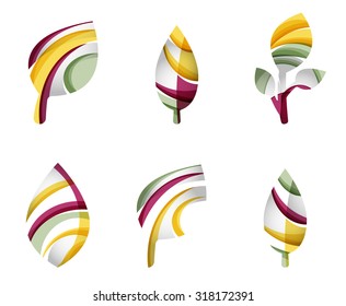 Set of abstract eco leaf icons, business logotype nature concepts, clean modern geometric design. Created with transparent abstract wave lines