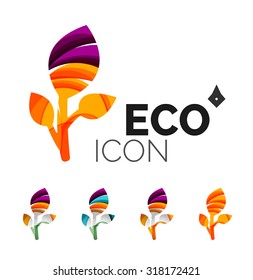Set of abstract eco leaf icons, business logotype nature concepts, clean modern geometric design. Created with transparent abstract wave lines