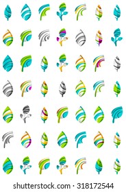 Set of abstract eco leaf icons, business logotype nature concepts, clean modern geometric design. Created with transparent abstract wave lines