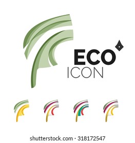 Set of abstract eco leaf icons, business logotype nature concepts, clean modern geometric design. Created with transparent abstract wave lines