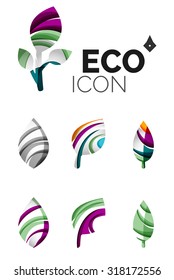 Set of abstract eco leaf icons, business logotype nature concepts, clean modern geometric design. Created with transparent abstract wave lines