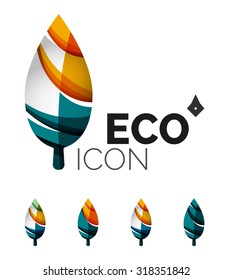 Set of abstract eco leaf icons, business logotype nature concepts, clean modern geometric design. Created with transparent abstract wave lines