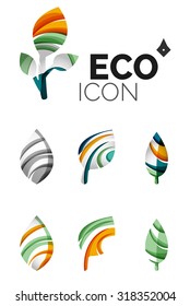 Set of abstract eco leaf icons, business logotype nature concepts, clean modern geometric design. Created with transparent abstract wave lines