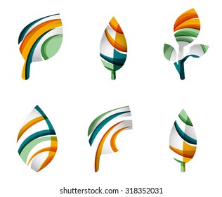 Set of abstract eco leaf icons, business logotype nature concepts, clean modern geometric design. Created with transparent abstract wave lines