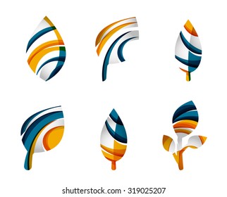 Set of abstract eco leaf icons, business logotype nature concepts, clean modern geometric design. Created with transparent abstract wave lines
