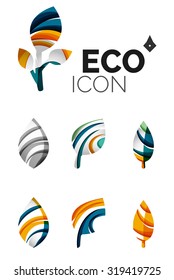 Conjunto de íconos ecológicos abstractos, conceptos de la naturaleza del logotipo empresarial, diseño geométrico moderno y limpio. Creado con líneas de onda abstractas transparentes