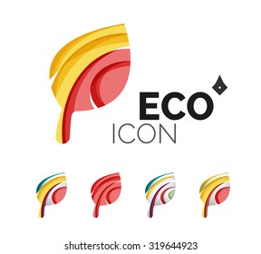Conjunto de íconos abstractos de hoja ecológica, conceptos de la naturaleza del logotipo empresarial, diseño geométrico moderno y limpio. Creado con líneas de onda abstractas transparentes