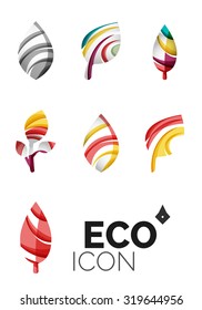 Set of abstract Eco leaf icons, business logotype nature concepts, clean modern geometric design. Created with transparent abstract wave lines