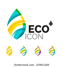 Set of abstract eco leaf icons, business logotype nature concepts, clean modern geometric design. Created with transparent abstract wave lines