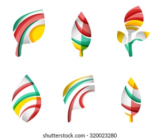 Set of abstract eco leaf icons, business logotype nature concepts, clean modern geometric design. Created with transparent abstract wave lines