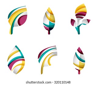 Set of abstract eco leaf icons, business logotype nature concepts, clean modern geometric design. Created with transparent abstract wave lines