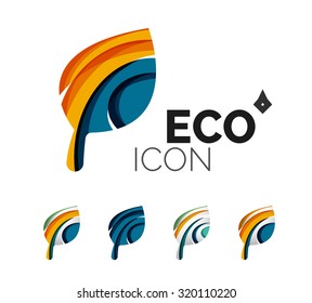 Set of abstract eco leaf icons, business logotype nature concepts, clean modern geometric design. Created with transparent abstract wave lines