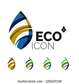 Set of abstract eco leaf icons, business logotype nature concepts, clean modern geometric design. Created with transparent abstract wave lines