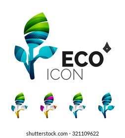 Set of abstract eco leaf icons, business logotype nature concepts, clean modern geometric design. Created with transparent abstract wave lines