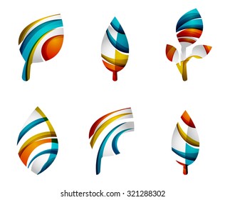 Set of abstract eco leaf icons, business logotype nature concepts, clean modern geometric design. Created with transparent abstract wave lines