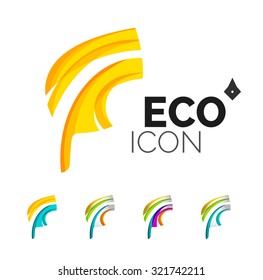 Set of abstract eco leaf icons, business logotype nature concepts, clean modern geometric design. Created with transparent abstract wave lines