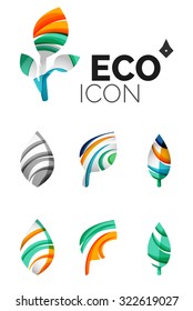Set of abstract eco leaf icons, business logotype nature concepts, clean modern geometric design. Created with transparent abstract wave lines