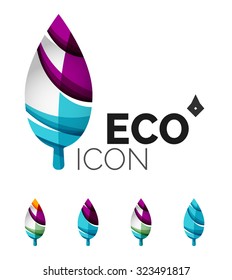 Set of abstract eco leaf icons, business logotype nature concepts, clean modern geometric design. Created with transparent abstract wave lines