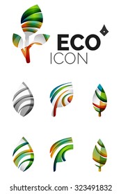 Set of abstract eco leaf icons, business logotype nature concepts, clean modern geometric design. Created with transparent abstract wave lines