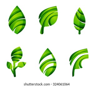 Set of abstract eco leaf icons, business logotype nature concepts, clean modern geometric design. Created with transparent abstract wave lines