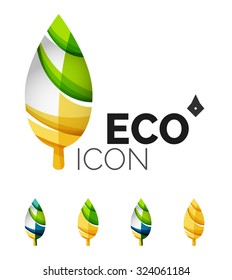 Set of abstract eco leaf icons, business logotype nature concepts, clean modern geometric design. Created with transparent abstract wave lines