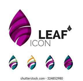 Set of abstract eco leaf icons, business logotype nature concepts, clean modern geometric design. Created with transparent abstract wave lines