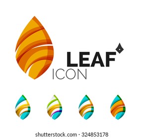 Set of abstract eco leaf icons, business logotype nature concepts, clean modern geometric design. Created with transparent abstract wave lines