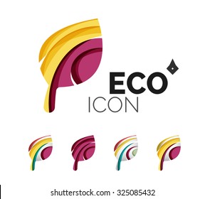 Set of abstract eco leaf icons, business logotype nature concepts, clean modern geometric design. Created with transparent abstract wave lines