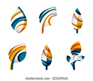 Set of abstract eco leaf icons, business logotype nature concepts, clean modern geometric design. Created with transparent abstract wave lines