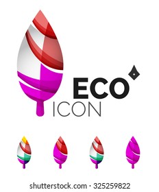 Set of abstract eco leaf icons, business logotype nature concepts, clean modern geometric design. Created with transparent abstract wave lines