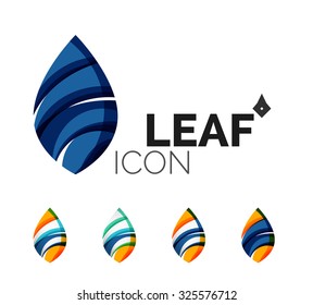 Set of abstract eco leaf icons, business logotype nature concepts, clean modern geometric design. Created with transparent abstract wave lines