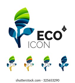 Set of abstract eco leaf icons, business logotype nature concepts, clean modern geometric design. Created with transparent abstract wave lines