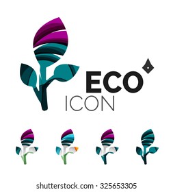 Set of abstract eco leaf icons, business logotype nature concepts, clean modern geometric design. Created with transparent abstract wave lines