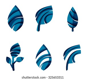 Set of abstract eco leaf icons, business logotype nature concepts, clean modern geometric design. Created with transparent abstract wave lines