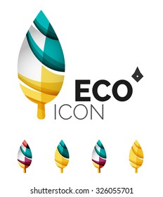 Set of abstract eco leaf icons, business logotype nature concepts, clean modern geometric design. Created with transparent abstract wave lines