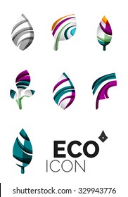 Set of abstract eco leaf icons, business logotype nature concepts, clean modern geometric design. Created with transparent abstract wave lines