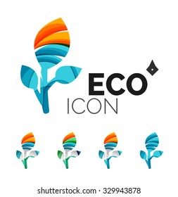 Set of abstract eco leaf icons, business logotype nature concepts, clean modern geometric design. Created with transparent abstract wave lines