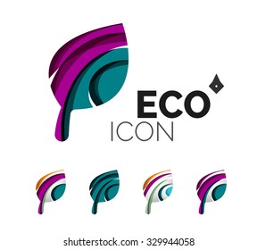 Conjunto de íconos ecológicos abstractos, conceptos de la naturaleza del logotipo empresarial, diseño geométrico moderno y limpio. Creado con líneas de onda abstractas transparentes