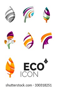 Conjunto de íconos ecológicos abstractos, conceptos de la naturaleza del logotipo empresarial, diseño geométrico moderno y limpio. Creado con líneas de onda abstractas transparentes