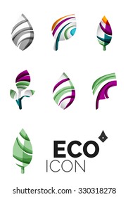 Set of abstract eco leaf icons, business logotype nature concepts, clean modern geometric design. Created with transparent abstract wave lines