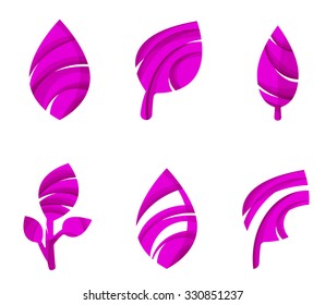 Set of abstract eco leaf icons, business logotype nature concepts, clean modern geometric design. Created with transparent abstract wave lines