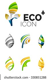 Set of abstract eco leaf icons, business logotype nature concepts, clean modern geometric design. Created with transparent abstract wave lines