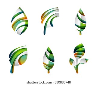 Conjunto de íconos ecológicos abstractos, conceptos de la naturaleza del logotipo empresarial, diseño geométrico moderno y limpio. Creado con líneas de onda abstractas transparentes