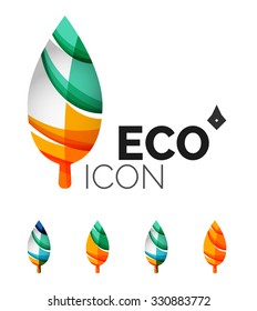 Set of abstract eco leaf icons, business logotype nature concepts, clean modern geometric design. Created with transparent abstract wave lines