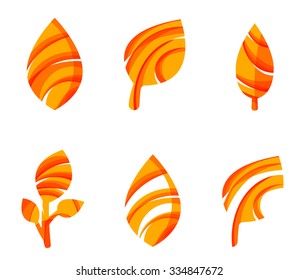 Set of abstract eco leaf icons, business logotype nature concepts, clean modern geometric design. Created with transparent abstract wave lines