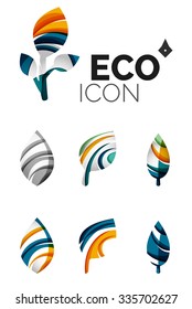 Set of abstract eco leaf icons, business logotype nature concepts, clean modern geometric design. Created with transparent abstract wave lines
